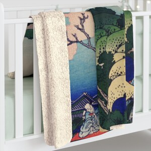 Japanese Sherpa Blanket, Cherry Blossom Blanket, Japan Blanket, Blue Pink Blanket, Japanese Art Blanket, Vintage Blanket, Japan Home Decor image 2