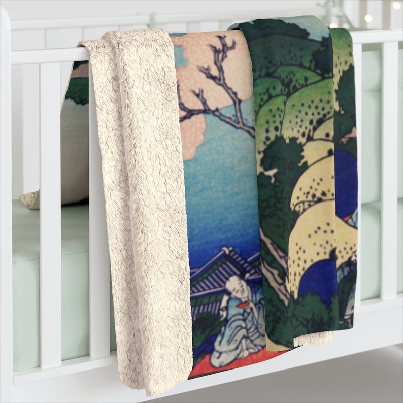 Japanese Sherpa Blanket, Cherry Blossom Blanket, Japan Blanket, Blue Pink Blanket, Japanese Art Blanket, Vintage Blanket, Japan Home Decor image 2