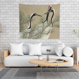 Kamisaka Sekka Crane Bird Tapestry | Vintage Japanese Botanical Wall Hanging, Fine Art Accent Piece image 2
