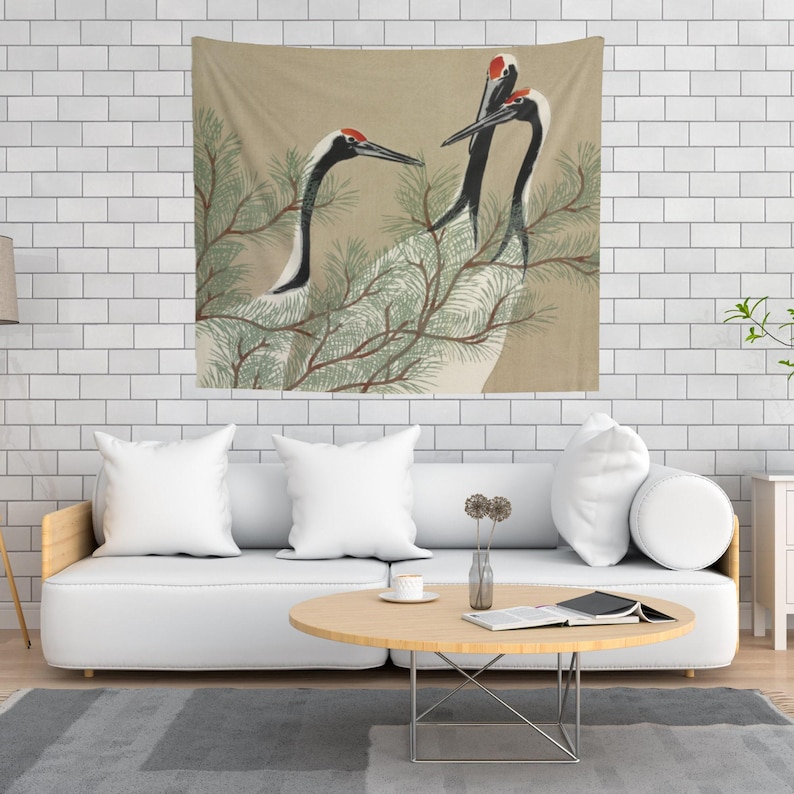 Kamisaka Sekka Crane Bird Tapestry | Vintage Japanese Botanical Wall Hanging, Fine Art Accent Piece image 2