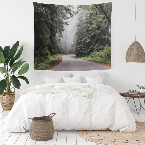 Green Forest Tree Tapestry | Botanical Nature Wall Hanging, Vintage Woodland Accent Piece