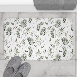 Plant Bath Mat, Green Bath Mat, White Bath Mat, Shower Mat, Leaf Bathroom, Nature Bathroom, White Bathroom, Plant Decor, Tropical Decor