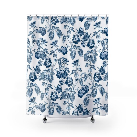 Blue Shower Curtain, Floral Shower Curtain, Blue Bathroom, Blue White Decor, White Shower Curtain, Vintage Floral, Vintage Bathroom