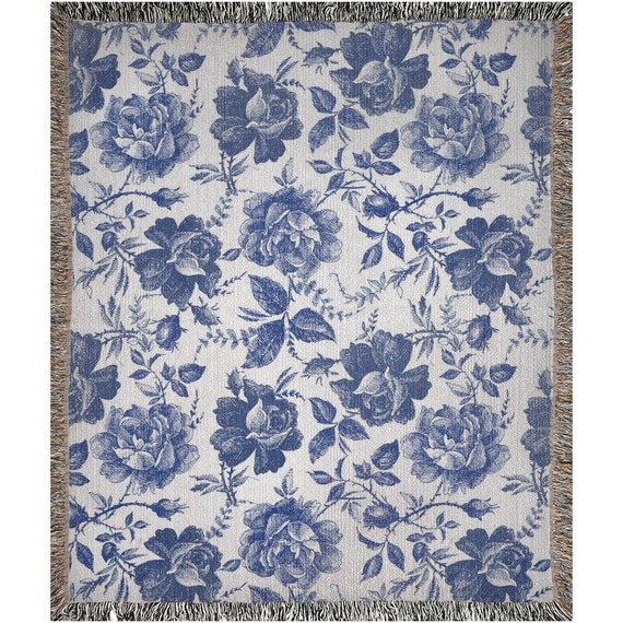 Blue Woven Blanket, Rose Blanket, Floral Blanket, Boho Woven Blanket, Plant Blanket, Blue Throw, Blue Floral, Blue Rose, Flower Blanket
