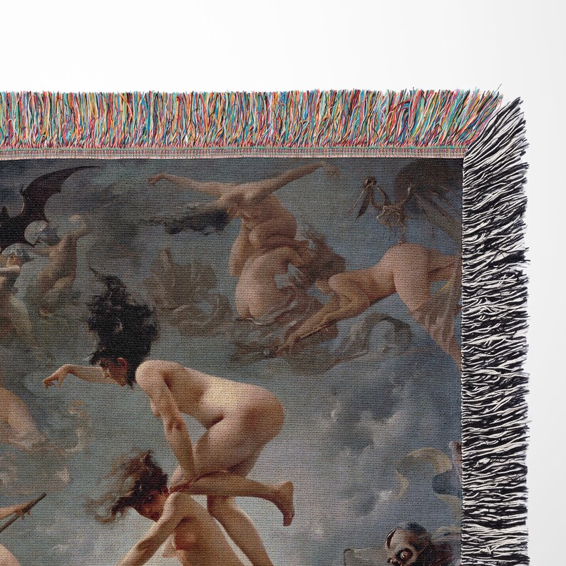 May include: A tapestry woven with a detailed image of a group of nude figures flying through the air. The figures are depicted in a swirling, dynamic composition against a backdrop of clouds and a dark sky. The tapestry has a black fringe border.