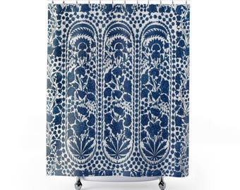 Blue Vintage Shower Curtain | Woven Botanical Tapestry Style Bathroom Decor, Coastal Nouveau Powder Room Accent