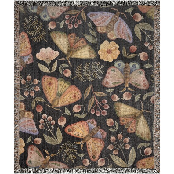 Moth Blanket, Woven Blanket, Black Blanket, Gothic Blanket, Moth Decor, Witch Blanket, Botanical Blanket, Vintage Moth, Butterfly Blanket