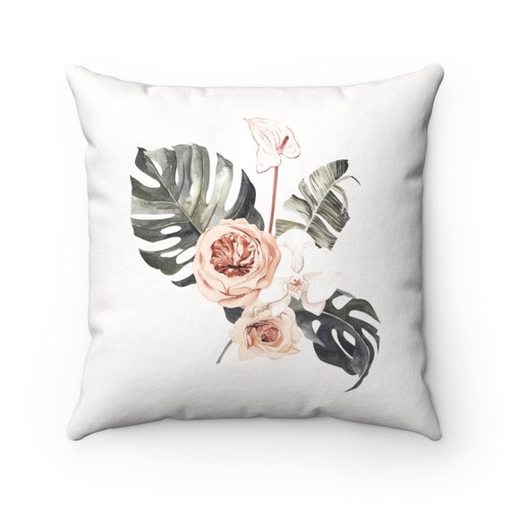 Plant Pillow, Botanical Pillow, Rose Pillow, Tropical Decor, Pink Pillow, Monstera Pillow, Floral Pillow, Monstera Decor, Tropical Plant