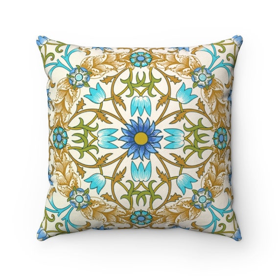 Mandala Pillow, Blue Pillow, Blue Flower Decor, Flower Pillow, William Morris Pillow, Gold Pillow, Floral Decor, Gold Home Decor