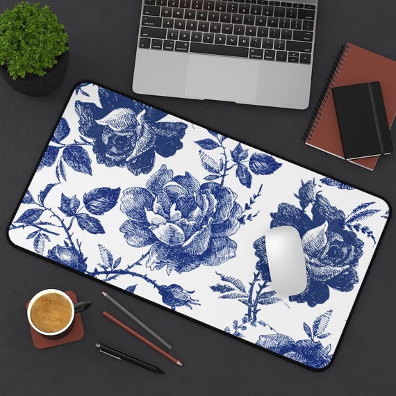 Floral Desk Mat, Blue Desk Mat, Blue Mousepad, Boho Desk Mat, Laptop Mat, Blue Flowers, Vintage Mousepad, Vintage Flowers, Blue Roses