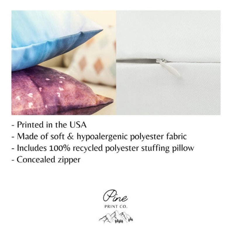 May include: Two decorative throw pillows with a watercolor design. The pillows are made of soft, hypoallergenic polyester fabric and have a concealed zipper. The pillows are printed in the USA and include 100% recycled polyester stuffing.