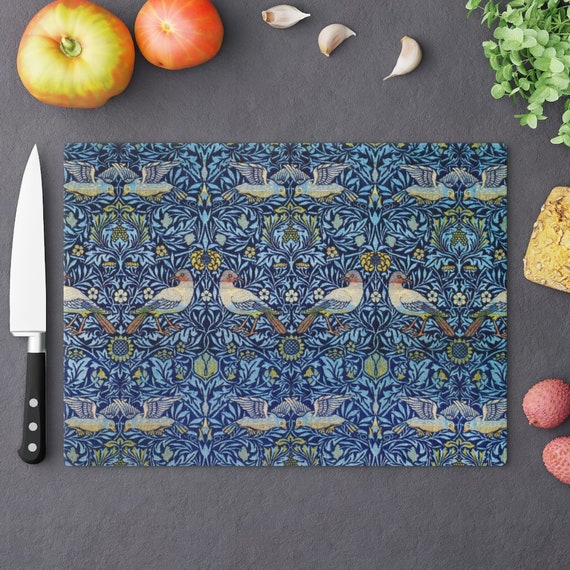 Blue Cutting Board, Bird Cutting Board, Blue Kitchen Decor, William Morris Decor, Boho Kitchen Decor, Glass Cutting Board, Blue Decor