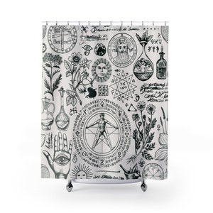 Alchemy Shower Curtain, Witchy Decor, Black Shower Curtain, Magic Shower Curtain, Witch Shower Curtain, Occult Decor, Magic Decor