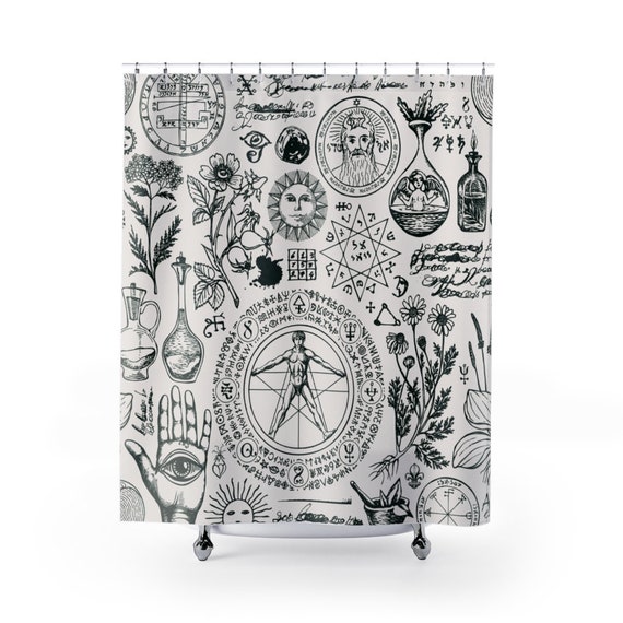 Alchemy Shower Curtain, Witchy Decor, Black Shower Curtain, Magic Shower Curtain, Witch Shower Curtain, Occult Decor, Magic Decor