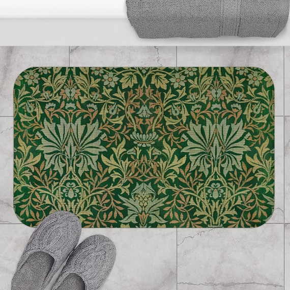 Green Bath Mat, Nature Bathroom, Green Bathroom, William Morris, Botanical Decor, Plant Bath Mat, Nature Bath, Shower Rug, Bathroom Mat