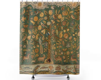 Forest Tree Shower Curtain, Vintage Botanical Bathroom Decor, Dark Academia Nature Wall Art, Green Woods Cottagecore Bath, Aesthetic Curtain