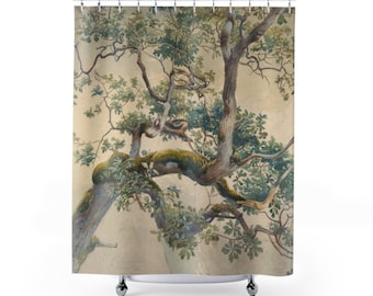 Tree Shower Curtain, Tree Painting, Watercolor Tree, Vintage Nature, Botanical Bathroom, Art Shower Curtain, Green Shower, Tree Branches