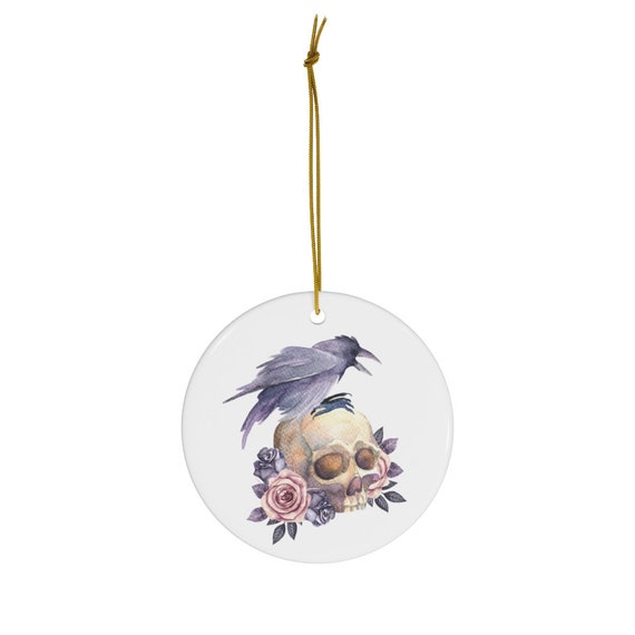 Christmas Ornament, Purple Ornament, Gothic Ornament, Skull Ornament, Botanical Decor, Boho Ornament, Floral Ornament, Raven Painting