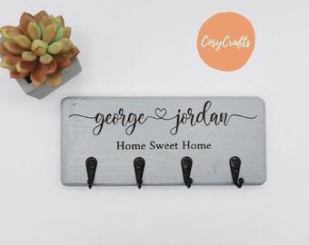 Couples Home Sweet Home rustic key rack, personalised wooden key holder, custom family wall hooks