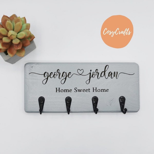 Couples Home Sweet Home rustic key rack, personalised wooden key holder, custom family wall hooks