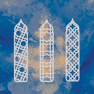May include: Three white silhouette designs of ornate, geometric, Islamic-inspired arches with a blue and yellow watercolor background.