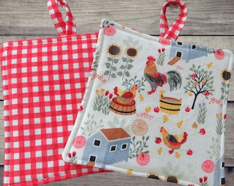 Handmade Potholder, Set of 2, Reversible Chickens and Red Gingham Hot Pads