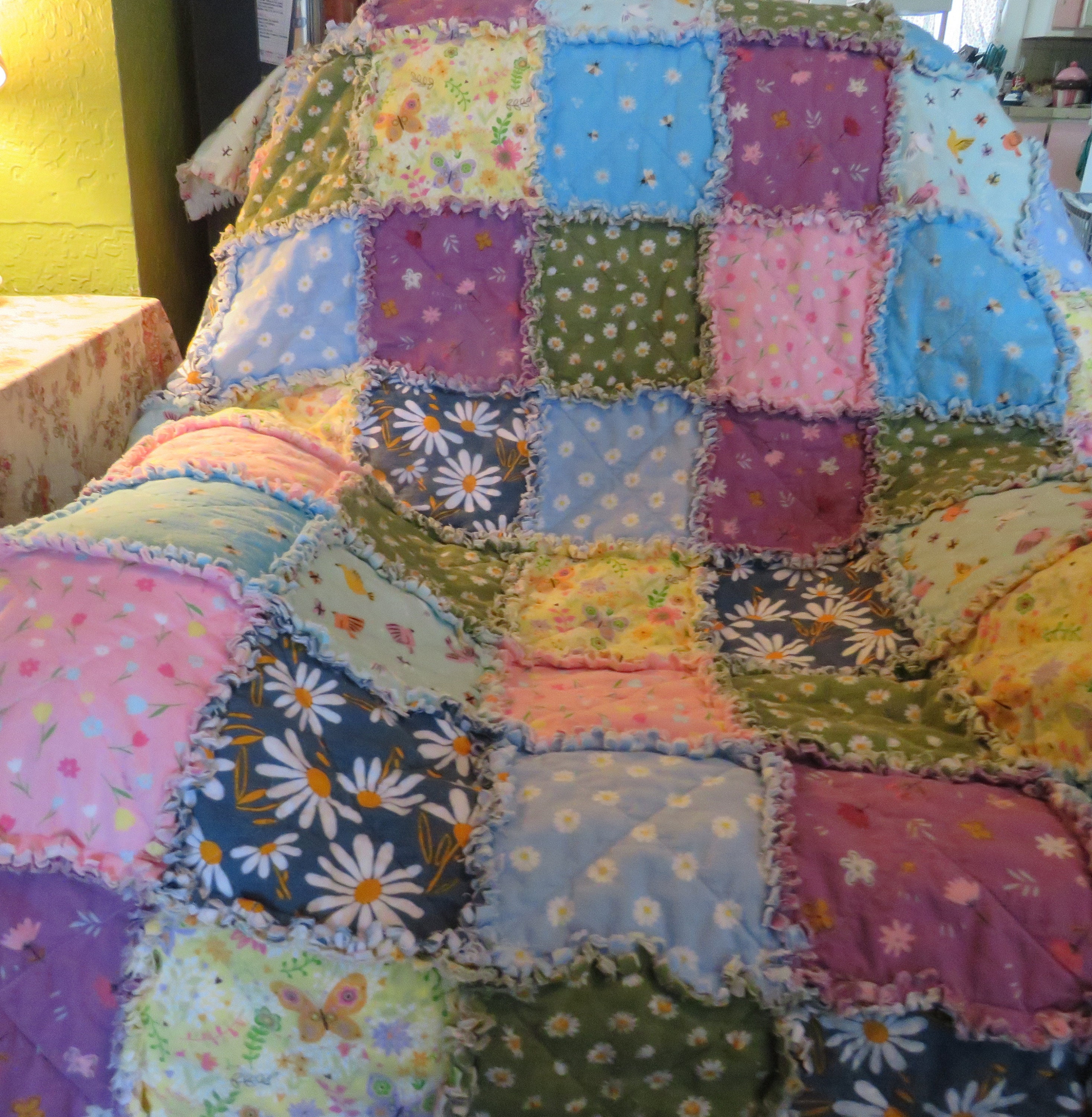 Flannel Rag Quilt With Batting, 50x64, Floral, Bees, Birds Etsy