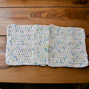Handmade Crochet Dishcloth, Set of 3, Cotton Yarn Happy Go Lucky
