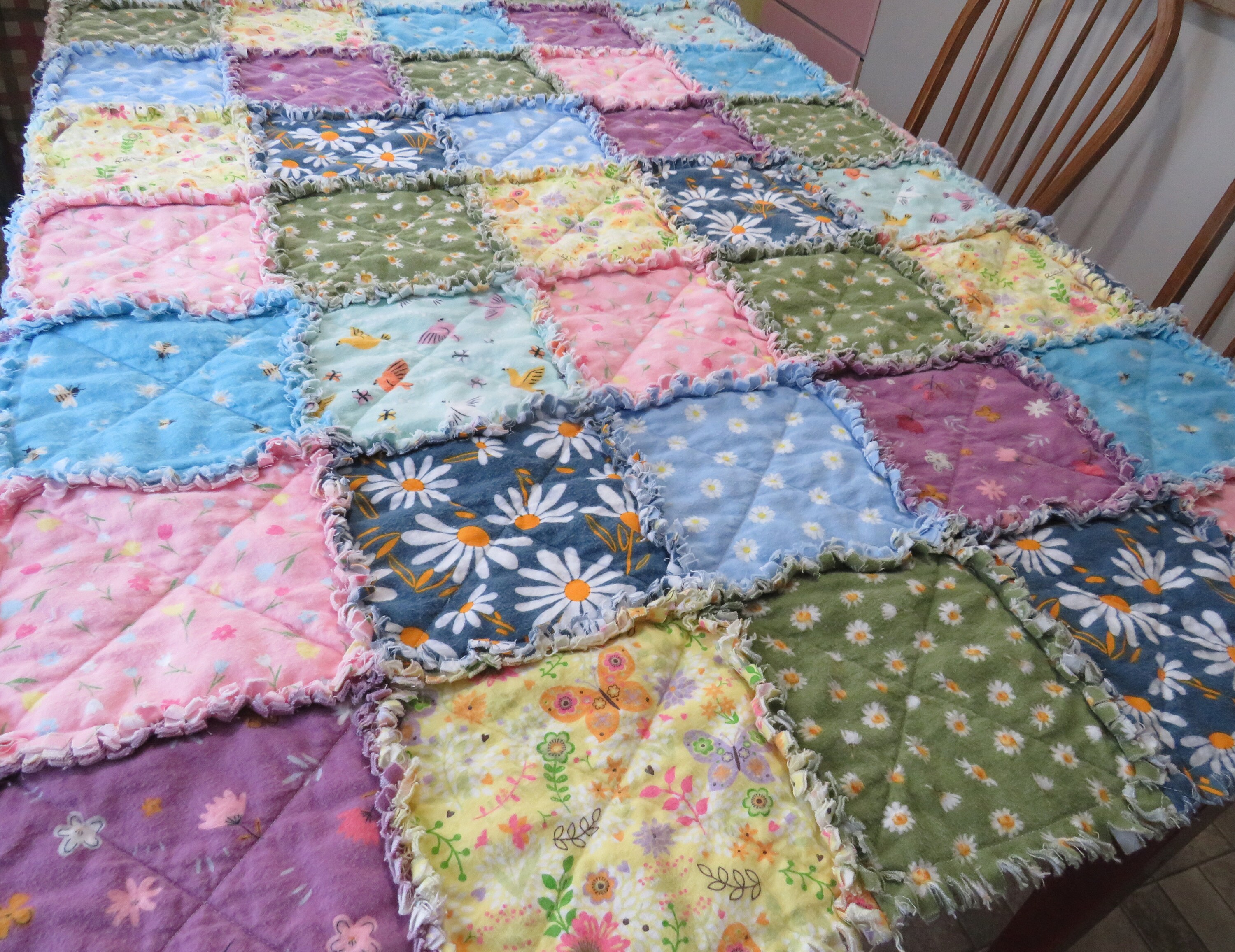 Flannel Rag Quilt With Batting, 50x64, Floral, Bees, Birds Etsy