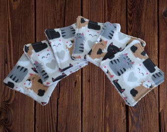 Handmade Makeup Remover Pads,  6 Square Pads With Cats, Flannel and Terry Cloth