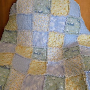 Flannel Rag Quilt With Batting 42 x 42 Blue and Yellow Baby Shower Gift
