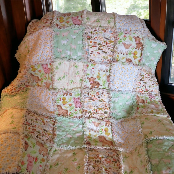 Flannel Rag Quilt With Batting 43 x 43, Farm Animal Rag Quilt