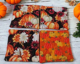 Fabric Coasters, Set Of 4, Reversible With Orange Pumpkins