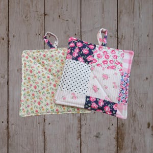 Handmade Potholder, Set of 2, Reversible Pink Patchwork and Floral Quilted Hot Pads