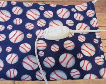 Heating Pad Cover, 12 x 15, Soft Blue Flannel With Baseballs, 3 Snap Closure