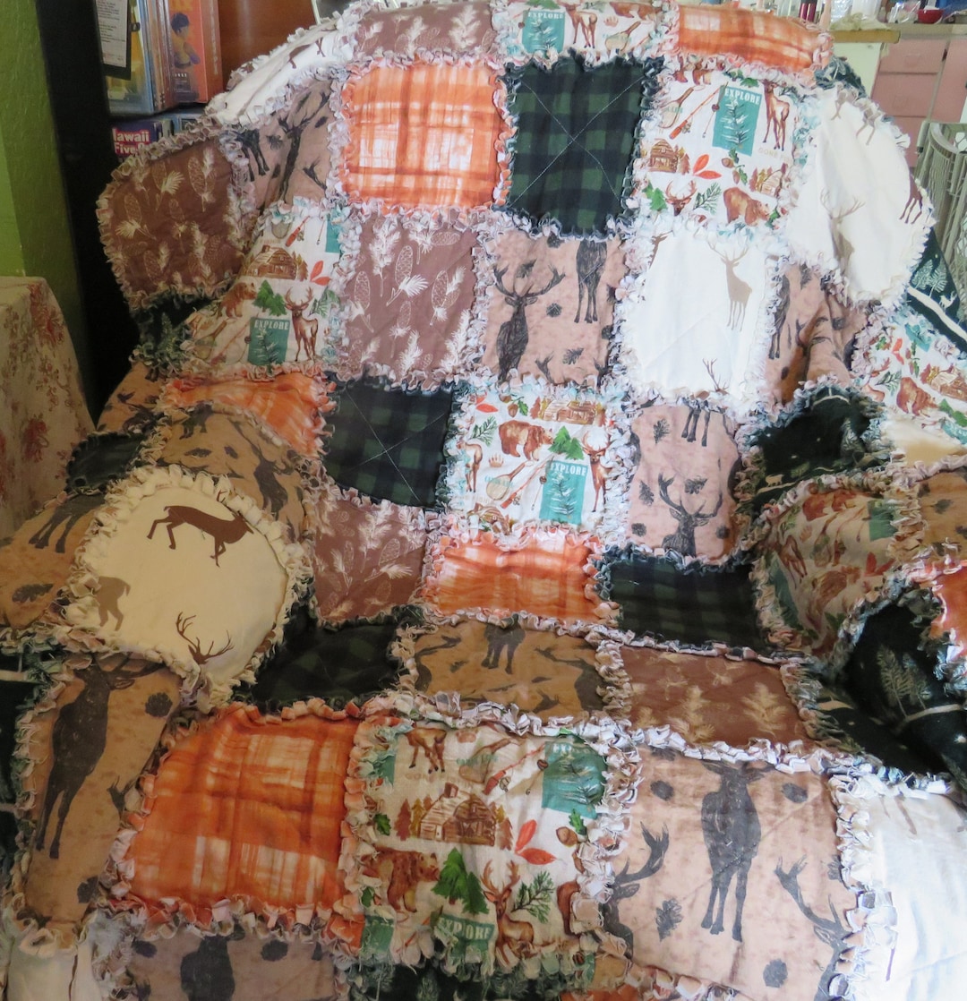 Flannel Rag Quilt With Batting 49 X 63 Deer Rag Quilt Throw Etsy