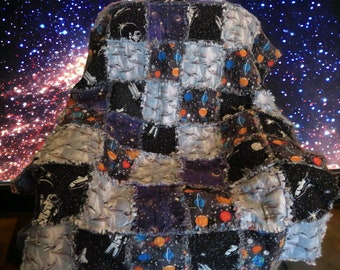 Flannel Rag Quilt, 49 x 57 With Batting, Astronauts, Spaceships