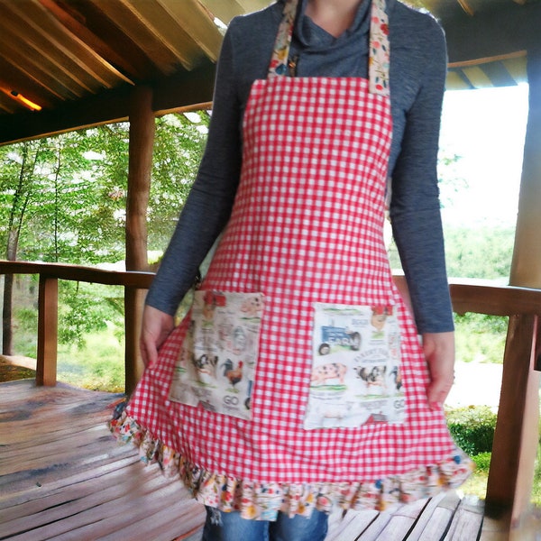 Women's Reversible Apron With 2 Pockets And A Ruffle, Farm And Red Gingham Apron