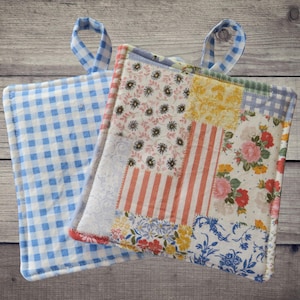 Handmade Potholder, Set of 2, Reversible Boho Patchwork and Blue Gingham Hot Pads