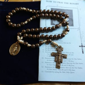 MEN&#39;S Bronze&Tan Combat Rosary, San Damiano Cross and Original Latin Miraculous Medal