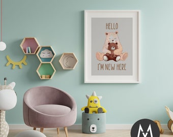 Hello I'm New Here, Baby Bear Print, Nursery Print , Baby Room Wall Art Print, Baby Nursery Room Decor, Printable