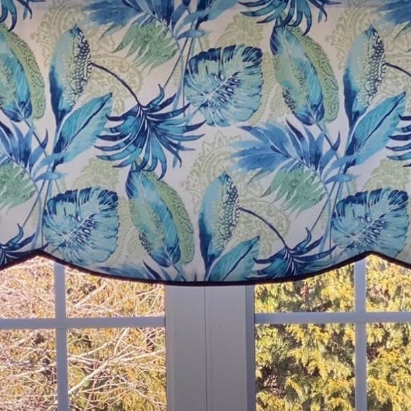 Green blue valance, coastal valance for windows, tropical curtain with lining, scallop window topper, ocean blue curtains, floral valance