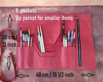 Estuche de piel roja para lápices, organizador de bolígrafos y pinceles, regalo para profesores