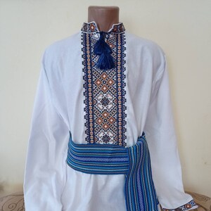 Embrodered shirt men with blue-gold  floral ornament Ukrainian Vyshyvanka  mеn ethnic gift for men on wedding birthday Folk suit for men