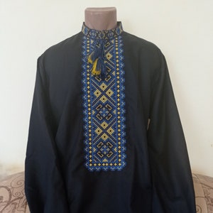 Ukrainian Embrodered shirt men with blue-yellow on black natural material floral ornament Ukrainian Vyshyvanka  mеn  Folk suit for men