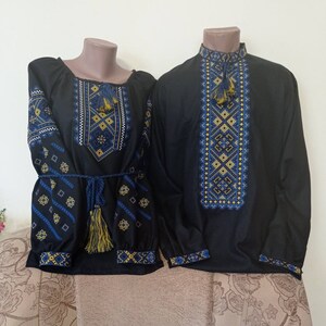 Ukrainian national Vyshyvanka women and men with blue-yellow pattern on Black natural material Ukraine embroidered shirts Family outfit