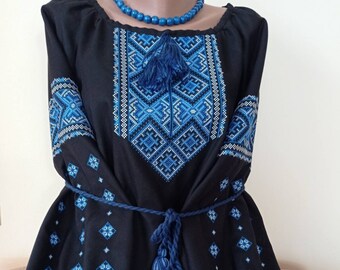 Black Ukrainian embroidered blouse with blue geometric pattern on black natural material Blouse from Ukraine