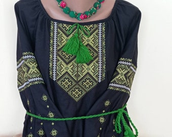 Black Ukrainian embroidered blouse for women.Blouse on black canvas  with green geometric pattern Gift for her.Vyshyvanka "Ornament black "