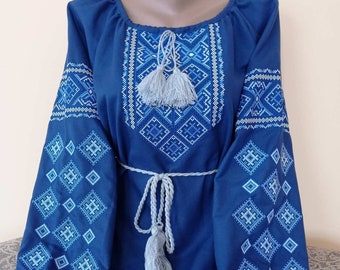 Ukrainian embroidered blouse for women Blouse on a blue cloth for wedding birthday Vyshyvanka with white and blue geometric ornament on blue