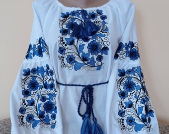 Ukrainian embroidered blouse with Blue Leaf pattern  on white natural material Blouse from Ukraine